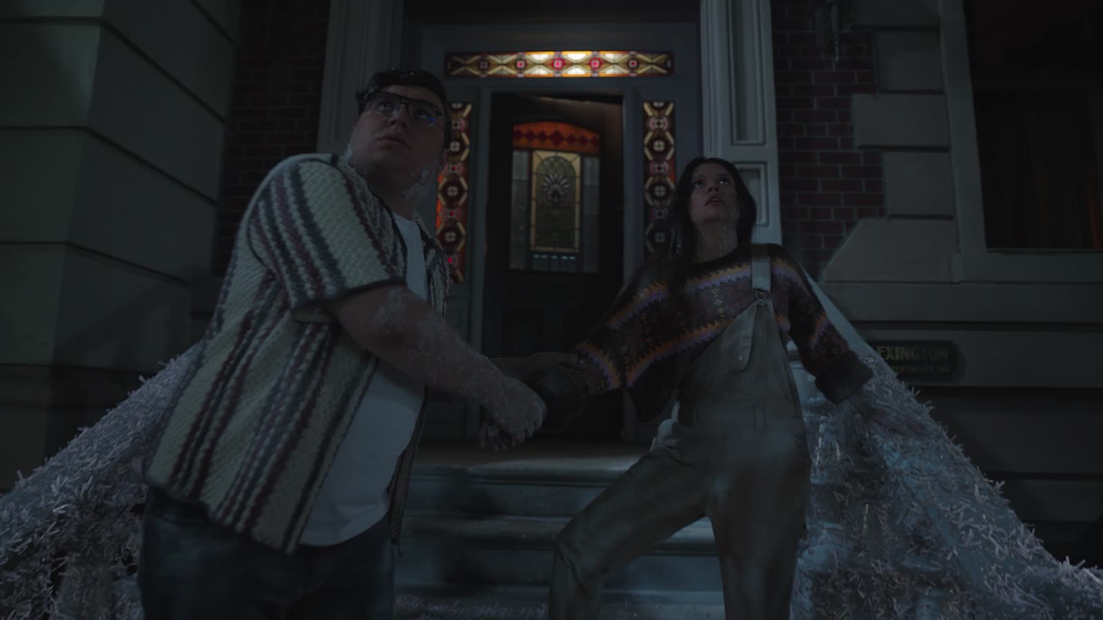 Kids fleeing a porch through CG ash
