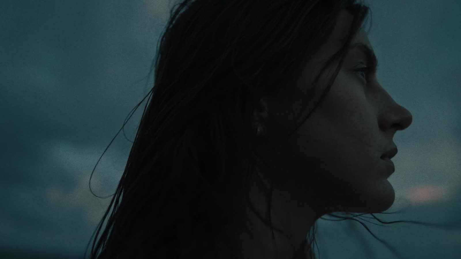 Wet-haired woman in profile against the sea